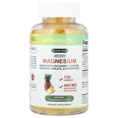 Vitamatic  High Absorption Magnesium Gummies  Natural Pineapple  400 mg  120 Gummies (100 mg per Gummy)