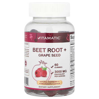 Vitamatic  Beet Root + Grape Seed Gummies  Natural Raspberry & Pomegranate  60 Gummies