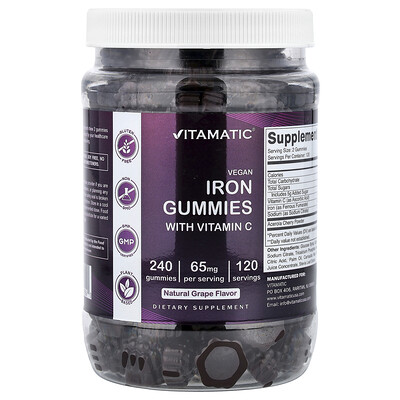 Vitamatic, Gomitas veganas de hierro con vitamina C, Uva, 240 gomitas