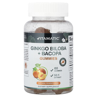 Vitamatic, Ginkgo Biloba + Bacopa -karkit, luonnollinen persikka, 60 karkkia