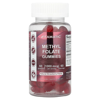 Vitamatic, Gommes au méthylfolate, Arôme naturel de fraise, 1000 µg, 60 gommes