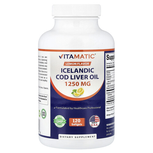 Vitamatic, Aceite de hígado de bacalao islandés, Limón, 1250 mg, 120 cápsulas blandas
