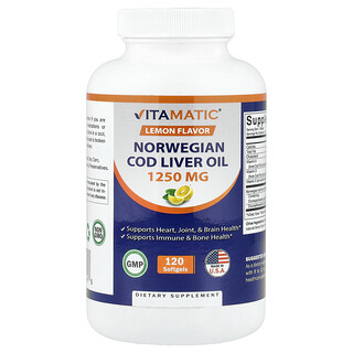 Vitamatic, жир із печінки норвезької тріски, з лимонним смаком, 120 капсул