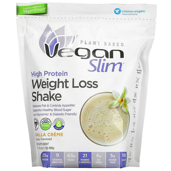 VeganSmart, Vegan Slim, Batido rico en proteínas para favorecer la pérdida de peso, Vainilla, 686 g (1,5 lb)