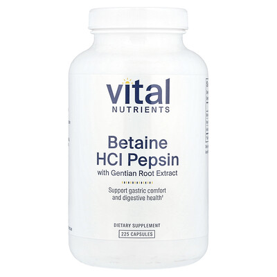 Vital Nutrients  Betaine HCl Pepsin with Gentian Root Extract  225 Capsules