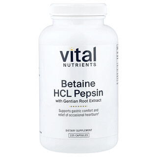 Vital Nutrients, Clorhidrato de betaína y pepsina con extracto de raíz de genciana, 225 cápsulas