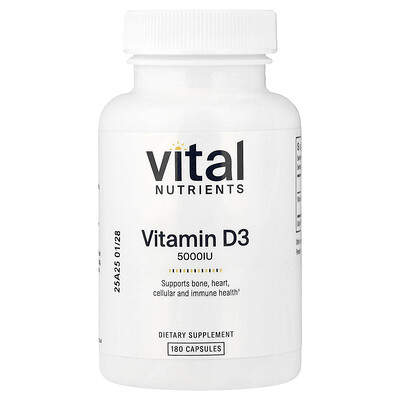Vital Nutrients, Vitamina D3, 5000 UI, 180 cápsulas vegetales
