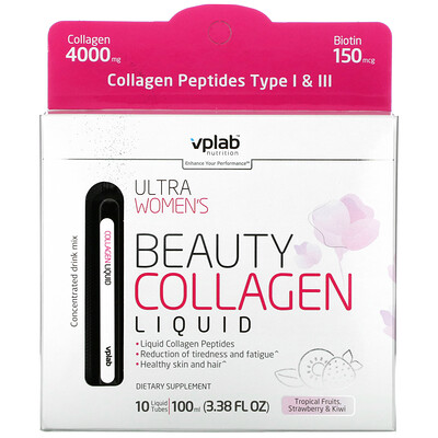 Vplab Ultra Womens Beauty Collagen Liquid, Tropical Fruits, Strawberry & Kiwi , 4,000 mg, 10 Liquid Tubes