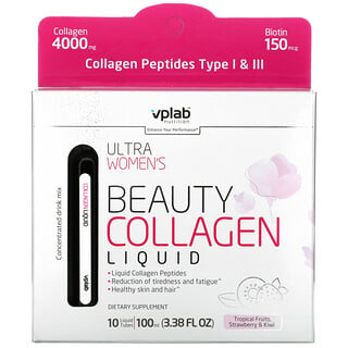 Vplab, Ultra Women's Beauty Collagen Liquid, Tropical Fruits, Strawberry & Kiwi , 4,000 mg, 10 Liquid Tubes 