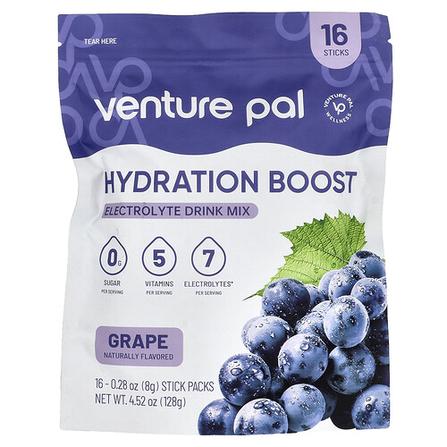 Venture Pal Hydration Boost, Electrolyte Drink Mix, Grape, 16 Stick Packs, 0.28 oz (8 g) Each