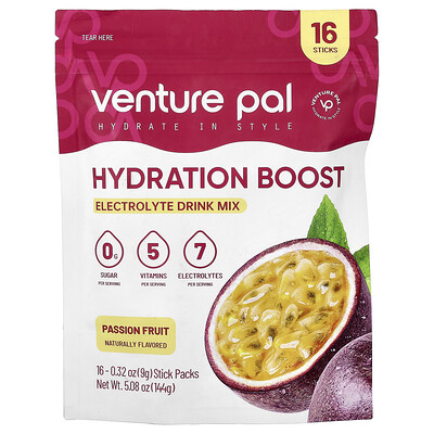 Venture Pal, Hydration Boost, Mezcla para preparar bebidas con electrolitos, Maracuyá, 16 sobrecitos, 9 g (0,32 oz) cada uno
