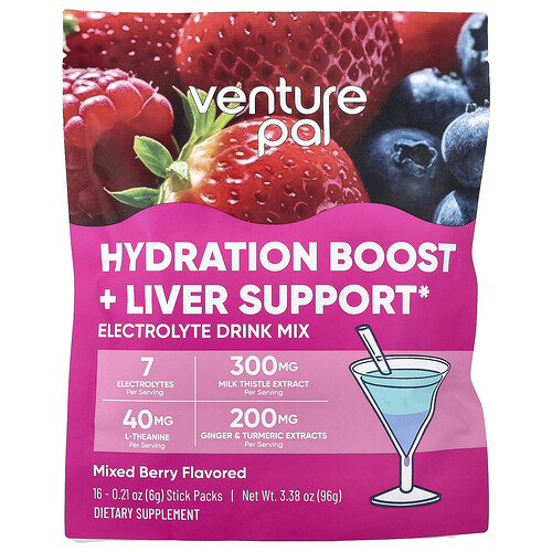 Venture Pal Hydration Boost + Liver Support, Electrolyte Drink Mix, Mixed Berry, 16 Sticks Packs, 0.21 oz (6 g) Each