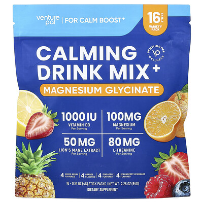 Venture Pal, Mezcla para preparar bebidas calmantes, Glicinato de magnesio, Variedad, 16 sobrecitos, 4 g (0,14 oz) cada uno