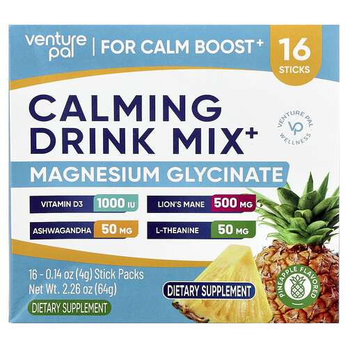 Venture Pal Calming Drink Mix+, Magnesium Glycinate, Pineapple, 16 Stick Packs, 0.14 oz (4 g) Each