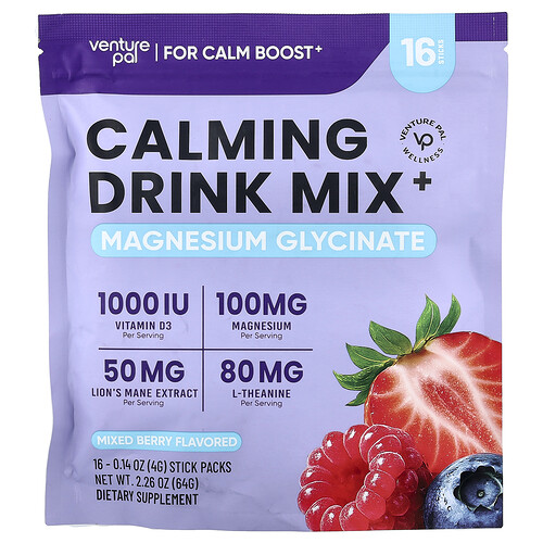 Venture Pal Calming Drink Mix+, Magnesium Glycinate, Mixed Berry, 16 Stick Packs, 0.14 oz (4 g) Each