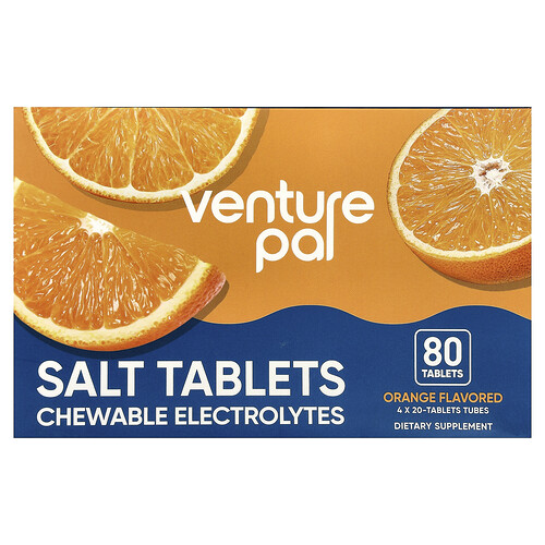 Venture Pal Salt Tablets Chewable Electrolytes, Orange, 4 Tubes, 20 Tablets Each