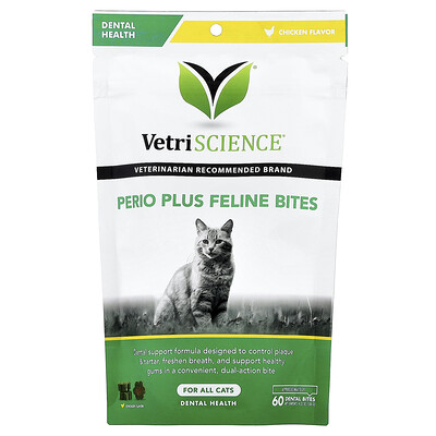 VetriScience, Perio Plus Feline Bites, For All Cats, Chicken, 60 Dental Bites, 4.23 oz (120 g)