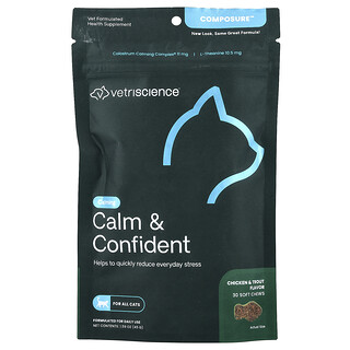 VetriScience, Ketenangan™, Tenang & Yakin, Untuk Semua Kucing, Ayam + Ikan Trout, 30 Kunyah Lembut, 1.59 oz (45 g)