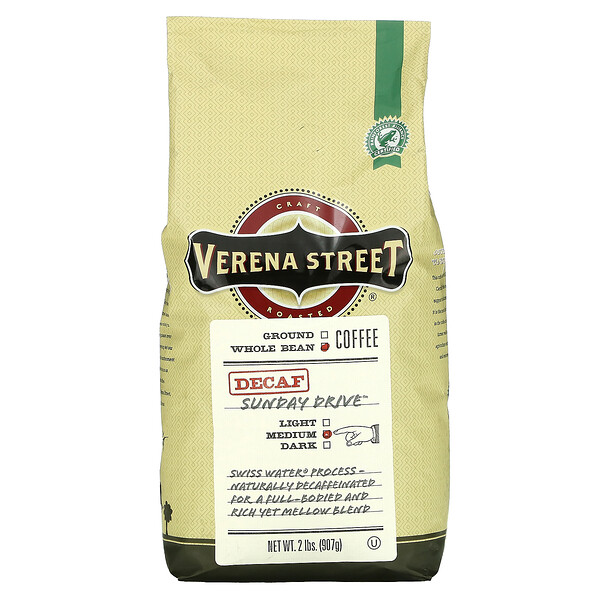 Verena Street, Sunday Drive, Decaf, Whole Bean, Medium Roast, 2 lbs (907 g)