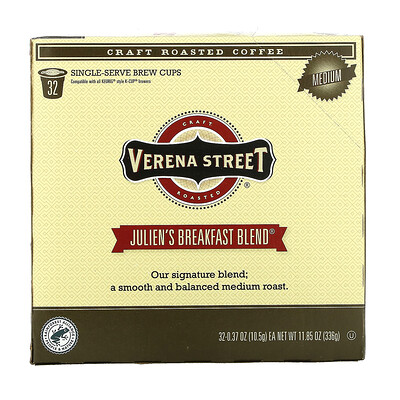 Купить Verena Street Julien's Breakfast, смесь крафтового обжаренного кофе, средней обжарки, 32 порционные чашки, 10, 5 г (0, 37 унции)