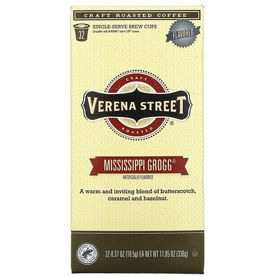 

Verena Street, Craft Roasted Coffee, Mississippi Grogg, Flavored, 32 Single-Serve Brew Cups, 0.37 oz (10.5 g) Each