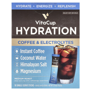 VitaCup, Café instantáneo hidratante con electrolitos, Tostado medio, 18 barritas individuales, 4,4 g (0,16 oz) cada una