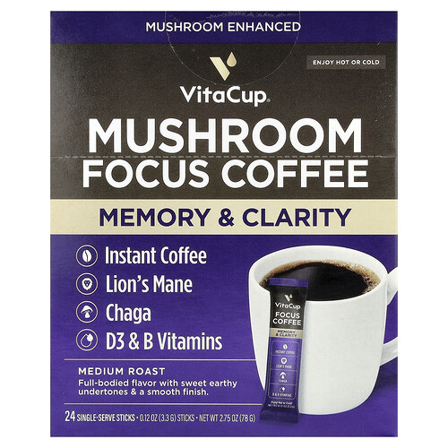 Vitacup Mushroom Focus Coffee, Medium Roast, 24 Single-Serve Sticks, 0.12 oz (3.3 g) Each