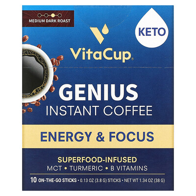 

VitaCup Genius Instant Coffee Medium Dark Roast 10 On-The-Go Sticks 0.13 oz (3.8 g) Each