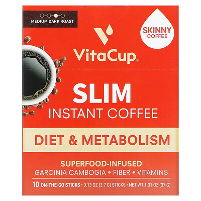 

VitaCup, Slim Instant Coffee, Medium Dark Roast, 10 On-The-Go Sticks, 0.13 oz (3.7 g) Each