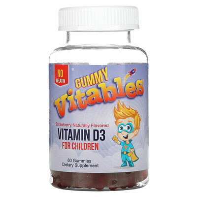 

Vitables, Gummy Vitamin D3 for Children, Gelatin Free, Strawberry, 60 Vegetarian Gummies