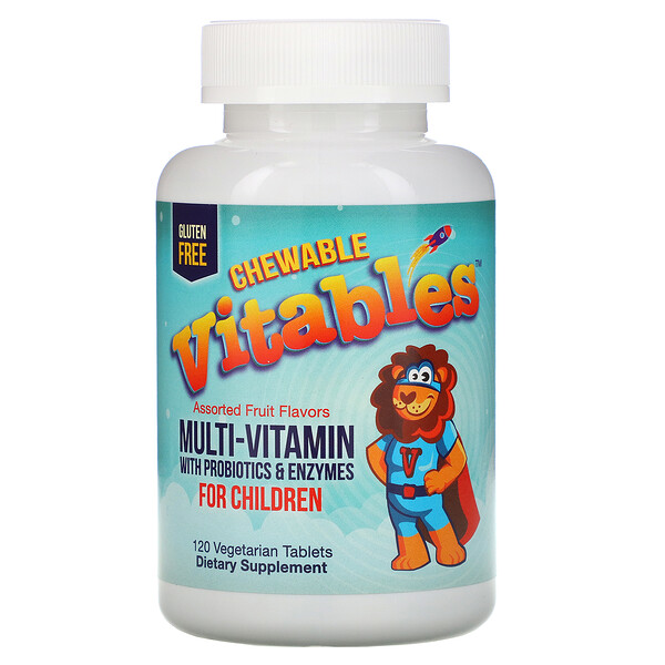 Vitables, Жевательные мультивитамины с пробиотиками и ферментами для детей, ассорти фруктовых вкусов, 120 таблеток растительного происхождения