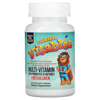 Vitables, Multivitamines à croquer pour enfants avec probiotiques et enzymes, Arôme assortiment de fruits, 60 comprimés végétariens