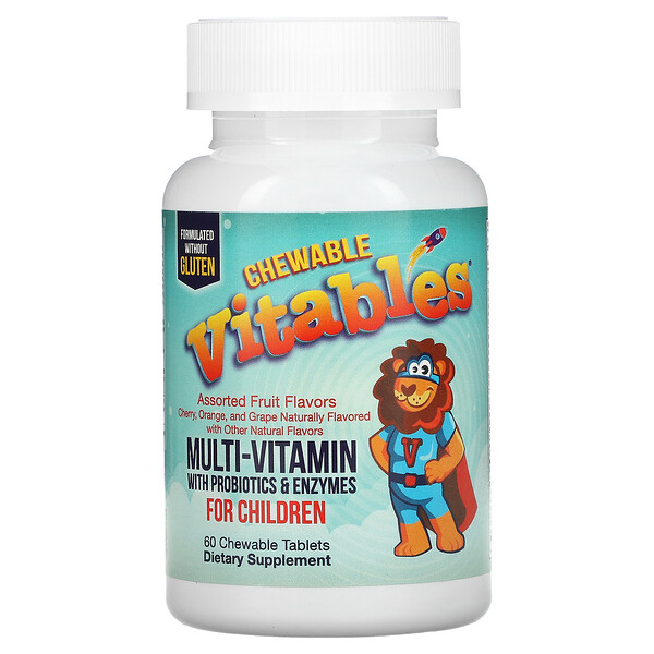 Vitables‏, فيتامينات متعددة قابلة للمضغ معززة بالبروبيوتيك والإنزيمات للأطفال، نكهات فاكهة متنوعة، 60 قرصًا نباتيًا