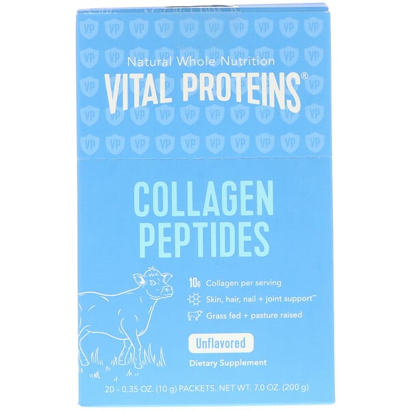 Vital Proteins, Alimentado con pasto, péptidos de colágeno, sin sabor, 20 paquetes individuales (10 g)