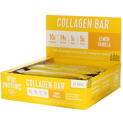 Vital Proteins Collagen Bar, Lemon Vanilla, 12 Bars, 1.8 oz (50 g) Each