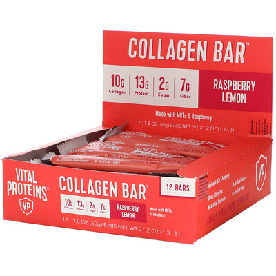 Vital Proteins Collagen Bar, Raspberry Lemon, 12 Bars, 1.8 oz (50 g) Each