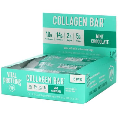 Vital Proteins Collagen Bar, Mint Chocolate, 12 Bars, 1.8 oz (50 g) Each