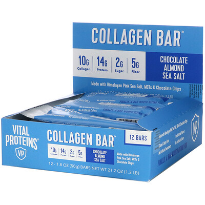 Vital Proteins Collagen Bar, Chocolate Almond Sea Salt, 12 Bars, 1.8 oz (50 g) Each