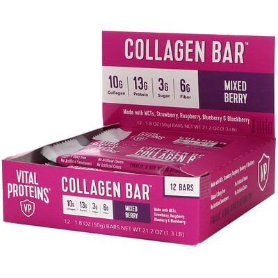 Vital Proteins Collagen Bar, Mixed Berry, 12 Bars, 1.8 oz (50 g) Each