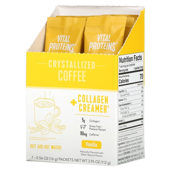 Vital Proteins, Crystallized Coffee + Collagen Creamer, Vanilla, 7 Packets, 0.56 oz (16 g) Each