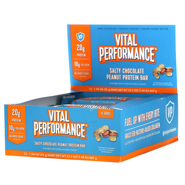 Vital Proteins, Vital Performance Protein Bar, Salty Chocolate Peanut, 12 Bars, 1.94 oz (55 g) Each
