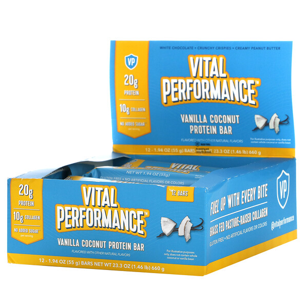 Vital Proteins, Vital Performance Protein Bar, Vanilla Coconut, 12 Bars, 1.94 oz (55 g) Each