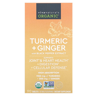 Viva Naturals, Curcuma biologique, Gingembre, 90 comprimés