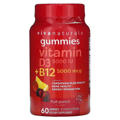 

Viva Naturals, Vitamin D3 + B12 , Fruit Punch, 60 Gummies