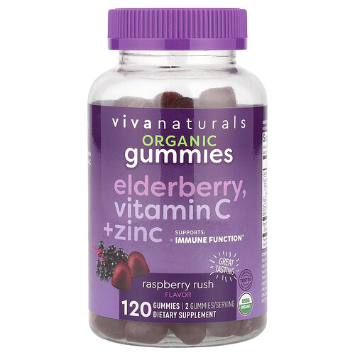 Viva Naturals Organic Elderberry, Vitamin C + Zinc Gummies, Raspberry Rush, 120 Gummies