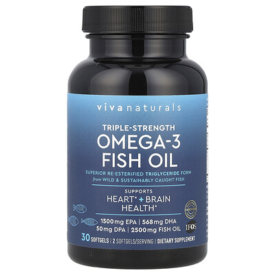 Viva Naturals  Omega-3 Fish Oil  Triple-Strength  2 500 mg  30 Softgels (1 250 mg Per Softgel)