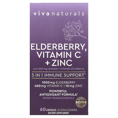 Viva Naturals, Saúco, Vitamina C y zinc con jengibre y vitamina D3, 60 cápsulas
