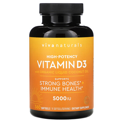 Viva Naturals  Vitamin D3 with Organic Liquid Coconut Oil  High-Potency  5 000 IU  360 Softgels