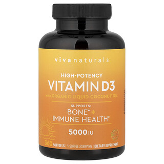 Viva Naturals, Vitamin D3 with Organic Liquid Coconut Oil, 125 mcg (5,000 IU), 360 Softgels