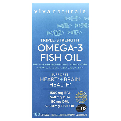 Viva Naturals  Omega-3 Fish Oil  Triple-Strength  2 500 mg  180 Softgels (1 250 mg Per Softgel)